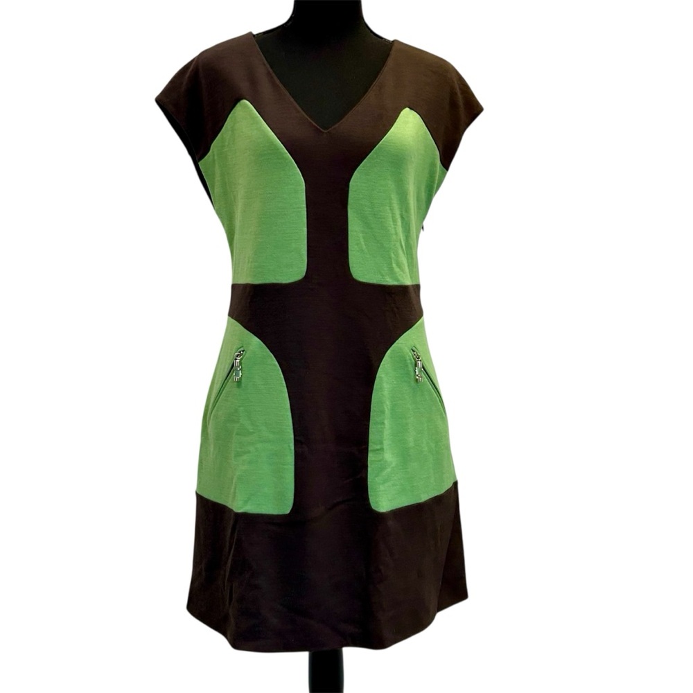 Emilio Pucci brown green short sleeve V-neck shift midi dress Sz 10